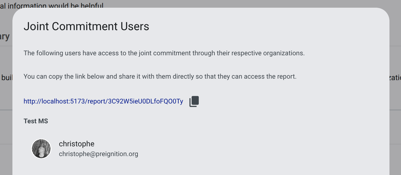 screenshot of the joint commitment partner users dialog