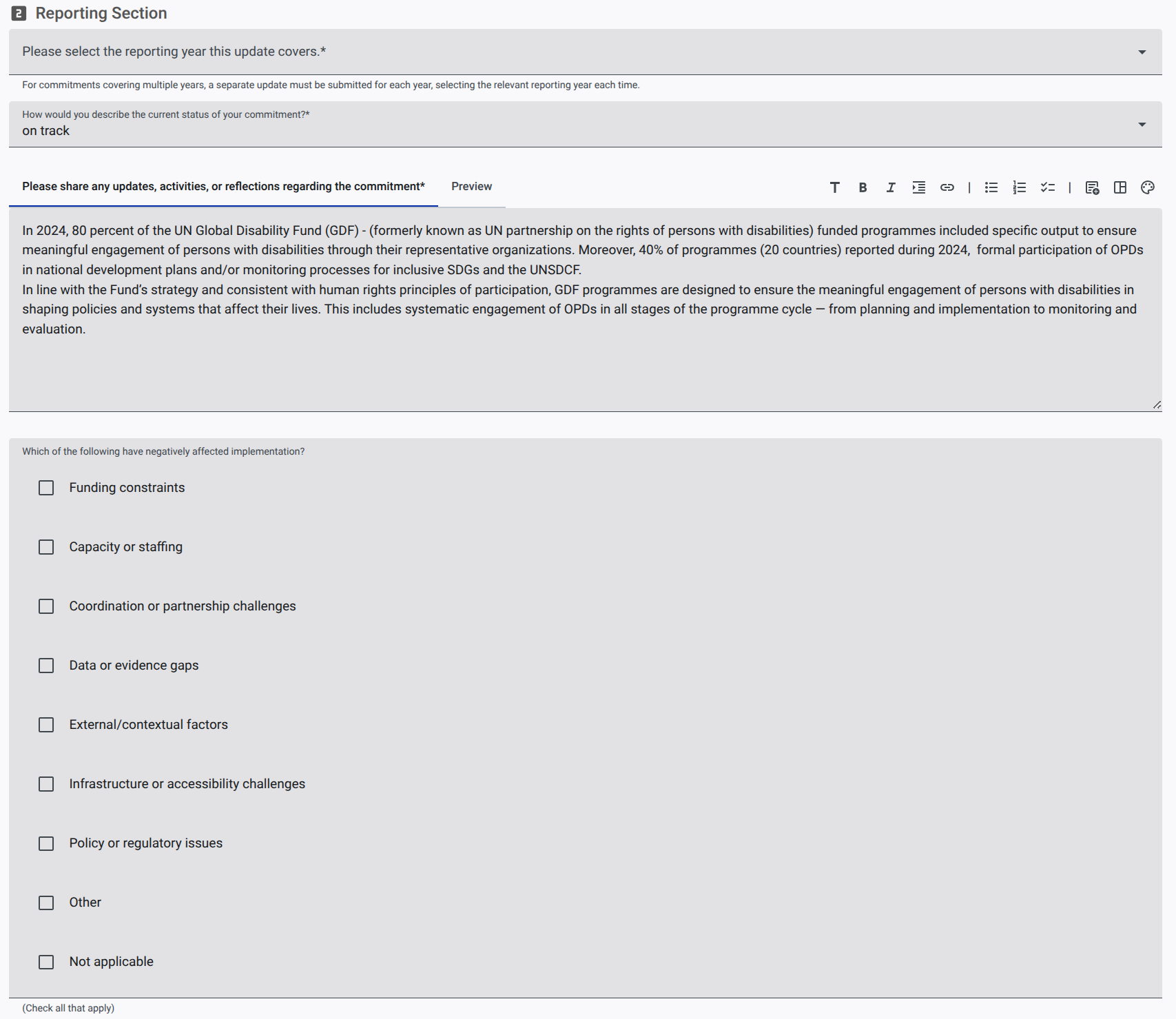 screenshot of new reporting template