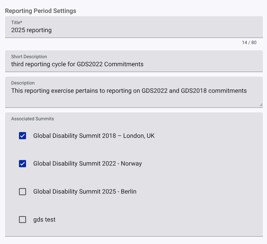 Screenshot of reporting settings, choosing summits