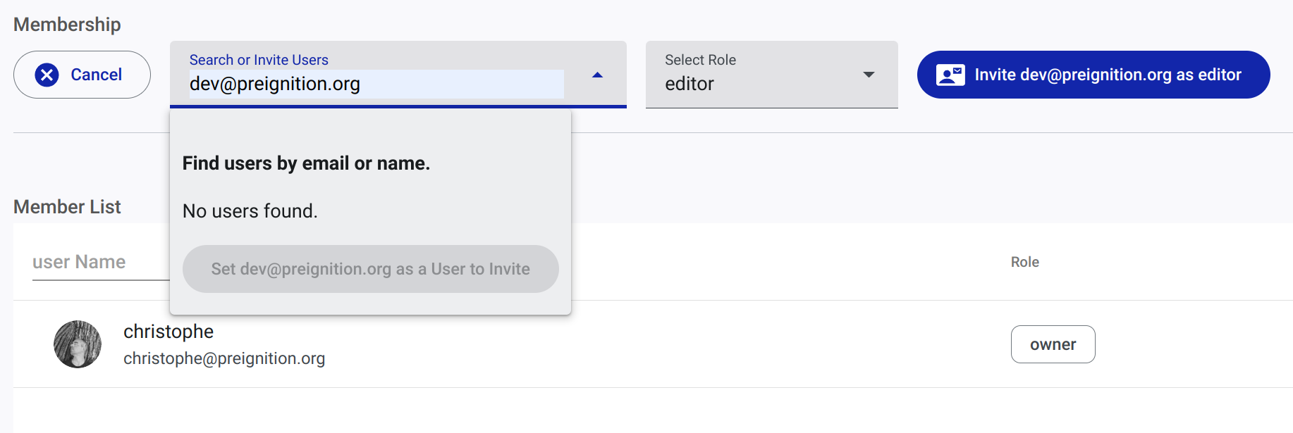 Enter a valid email address to invite user