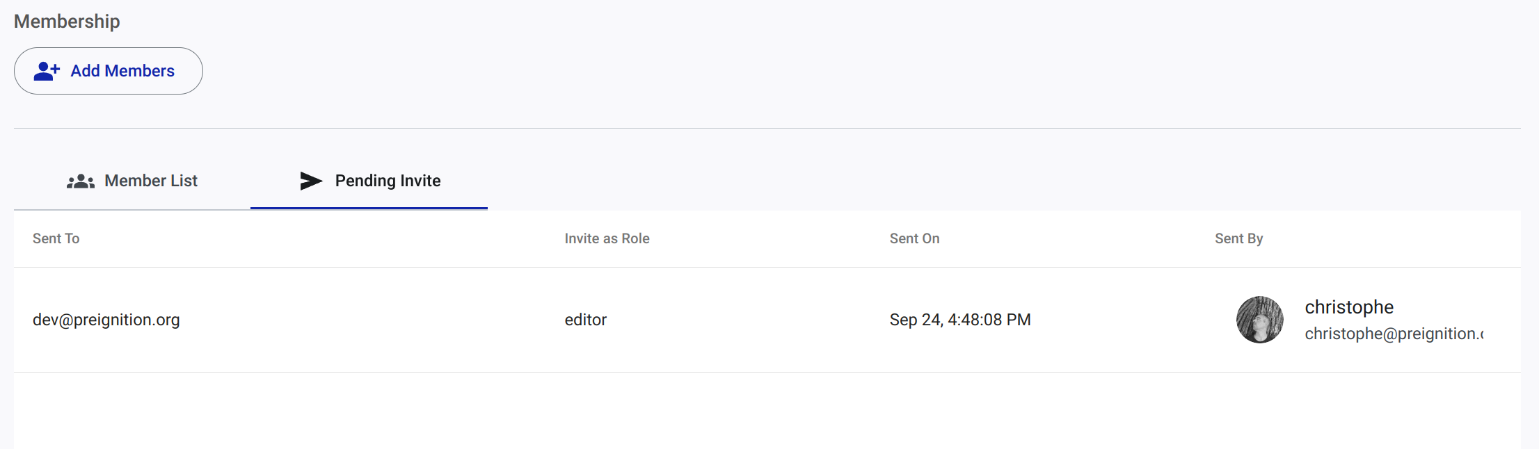Screenshot of the invitation tab with list of pending invitations
