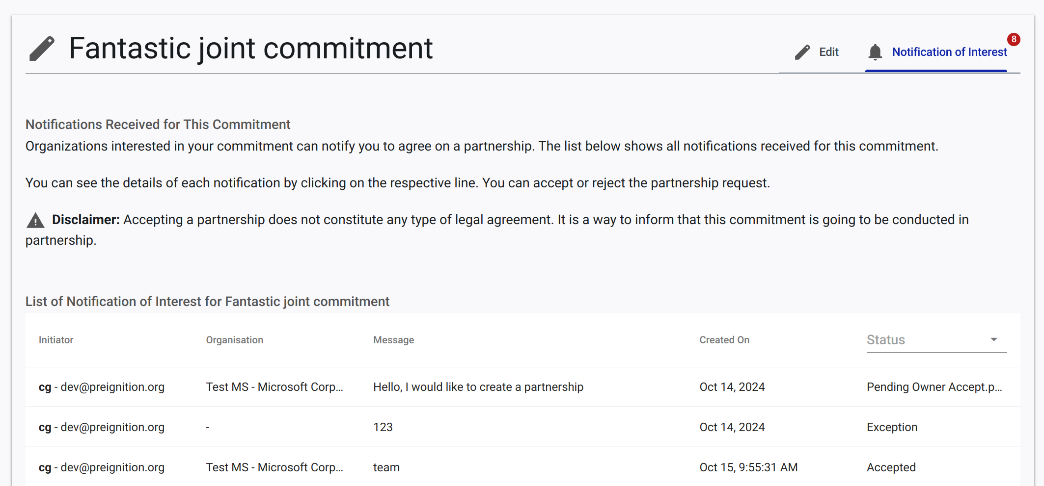 Partnership section of Joint commitment form