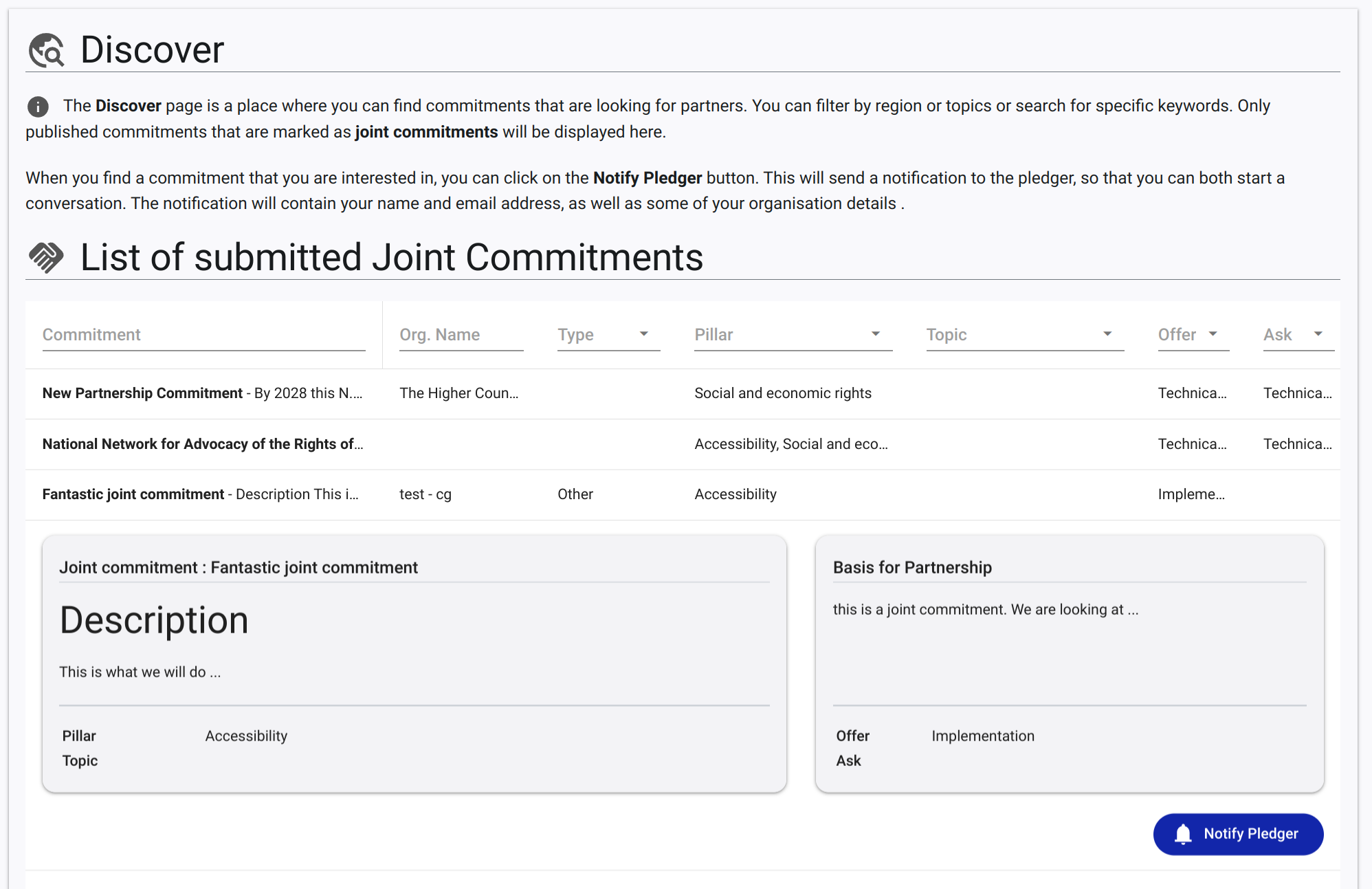 See the list of open joint commitment