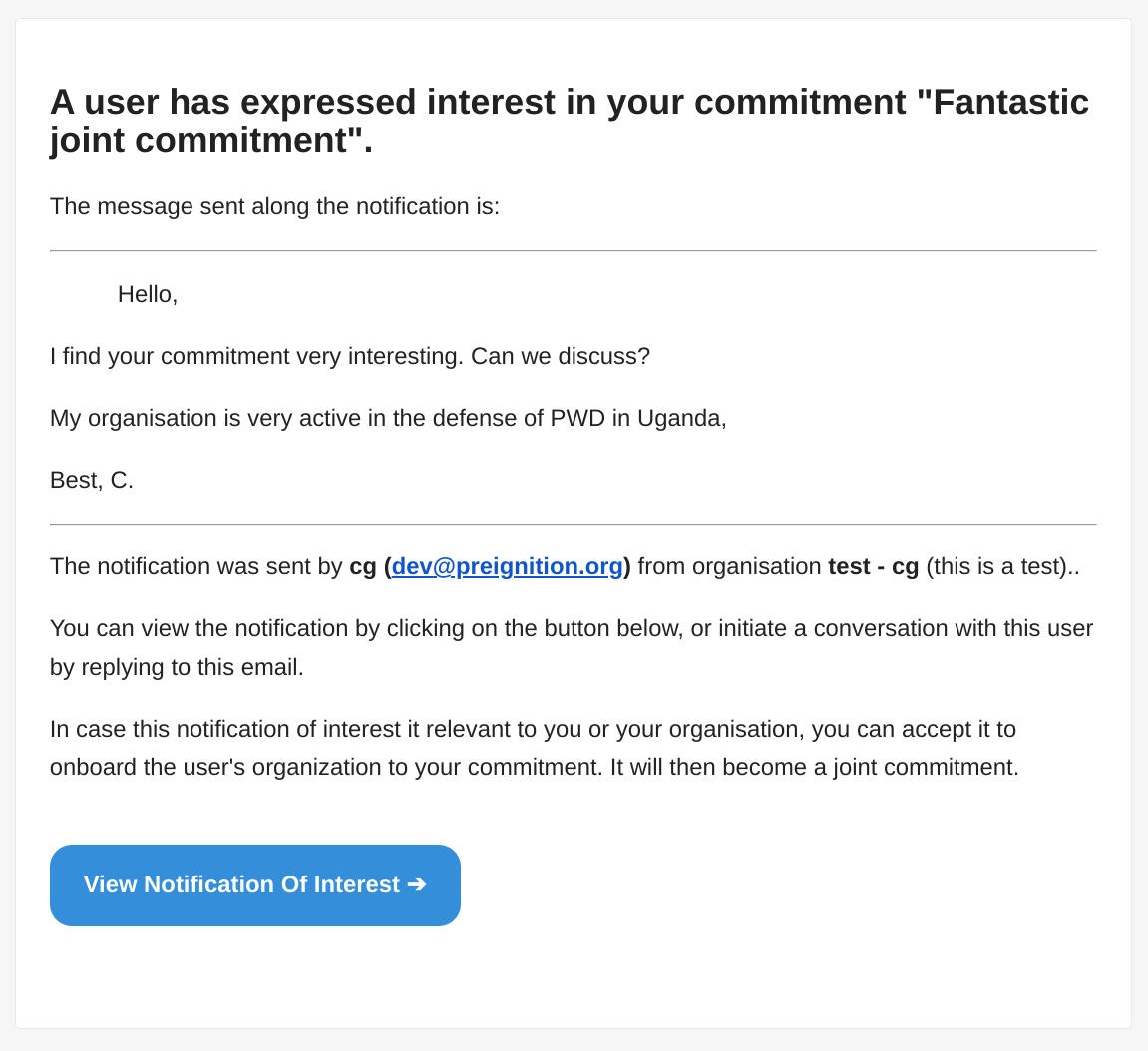 Notification received by the owner of the joint commitment