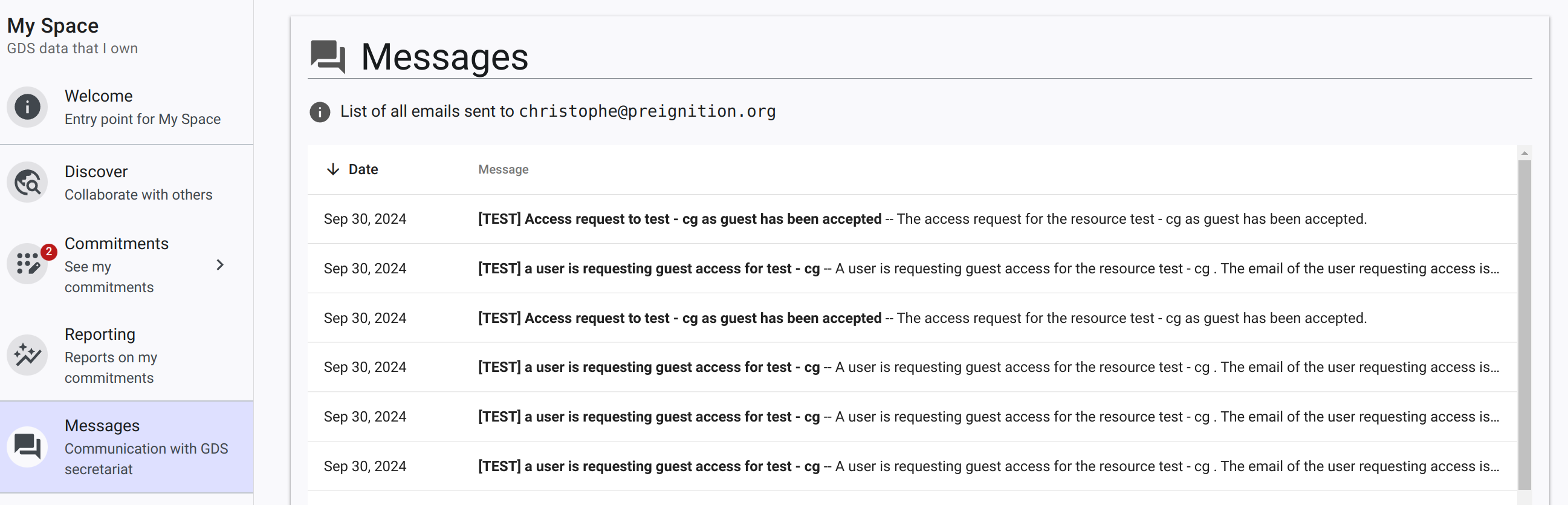 Messages page