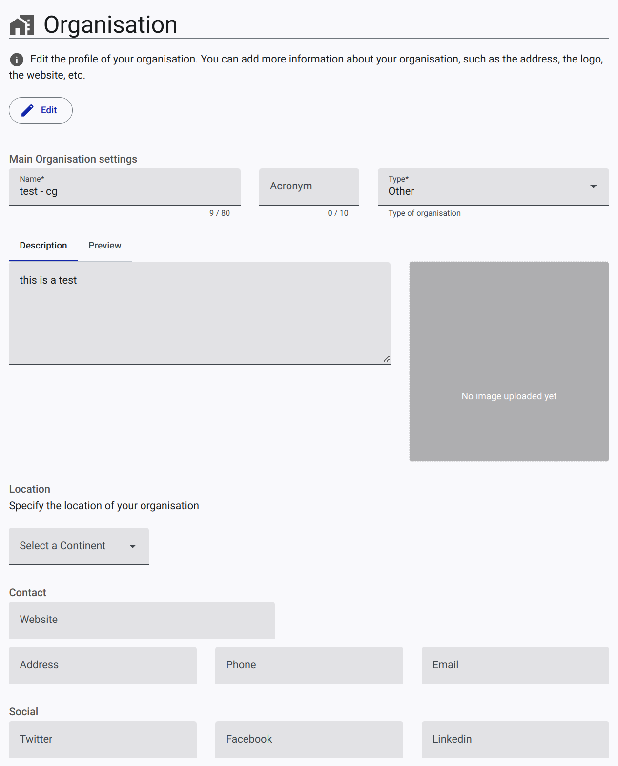 Organization page