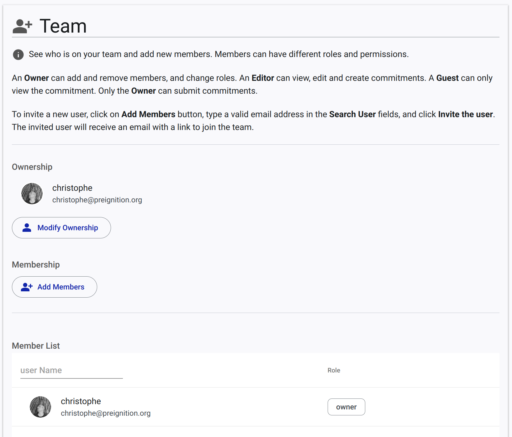 Team page