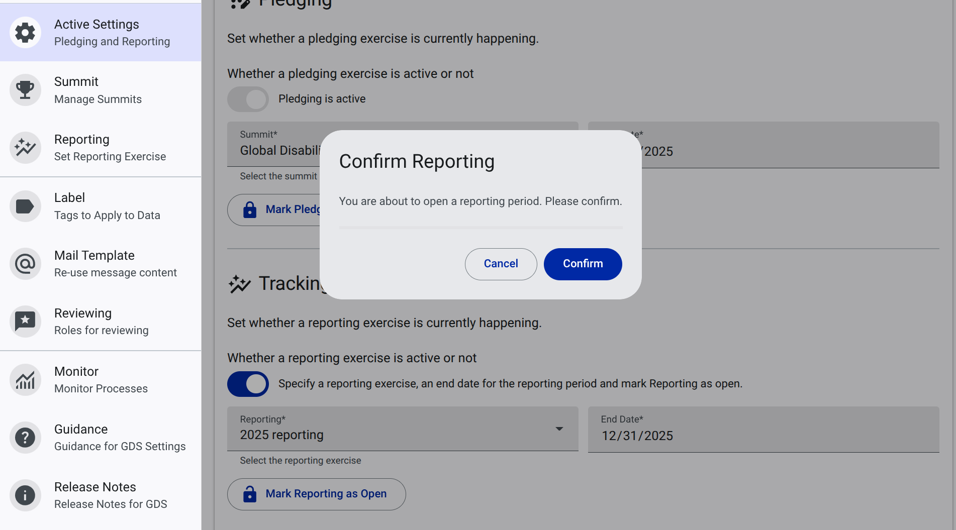 screenshot of opening the reporting cycle