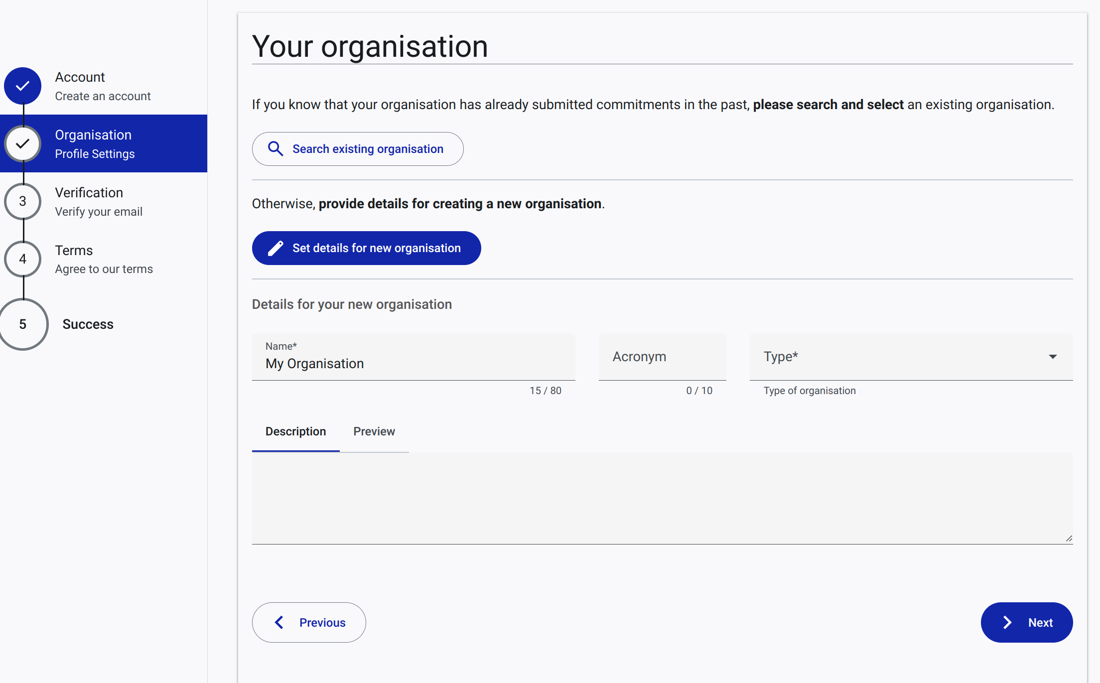 The user is prompted to enter their organization name, type and description