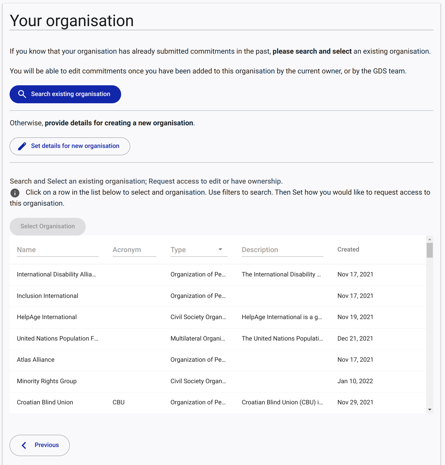 The user is proposed to look for existing organisation
